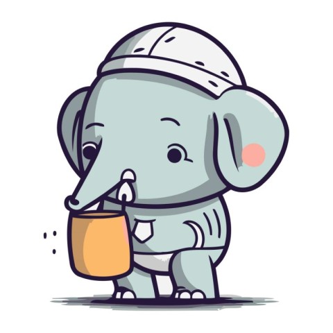 Cute baby elephant with a bucket of milk. Vector illustration.