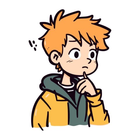 Illustration of a boy thinking about something with his finger o