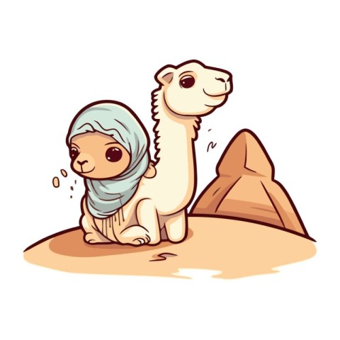 Cute little Muslim girl in hijab sitting on sand with camel. Vec