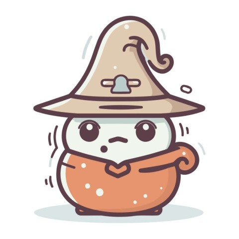 Cute cartoon snowman with a witch hat. Vector illustration.