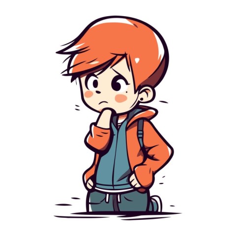 Cute little boy with red hair and backpack. Vector illustration.