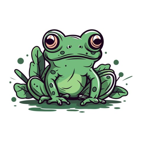 Cartoon green frog on white background. Vector illustration for