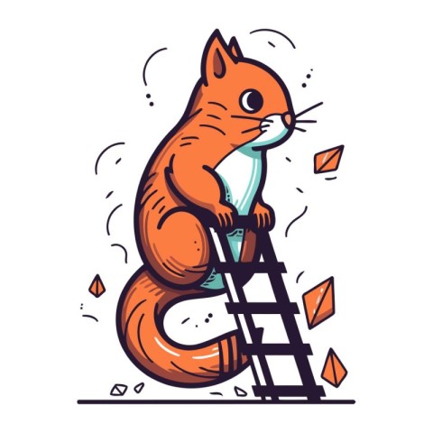 Cute cartoon squirrel climbing a ladder. Vector illustration iso