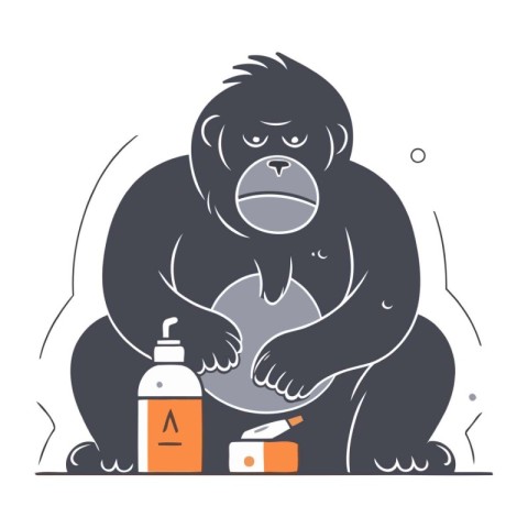 Vector illustration of a gorilla with a bottle of antiseptic.