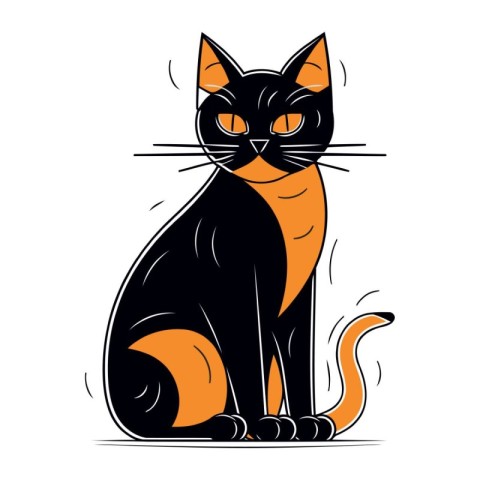 Black cat sitting isolated on white background. Vector illustrat