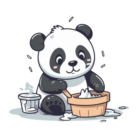 Panda washing in a bucket. Cute cartoon vector illustration.