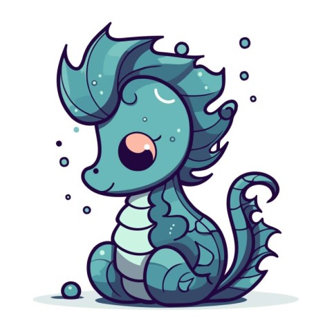 Cute cartoon blue sea horse. Vector illustration isolated on whi