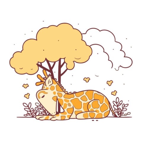 Cute cartoon giraffe sitting under a tree. Vector illustration.