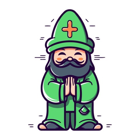 Cartoon gnome with a cross in his hands. Vector illustration.