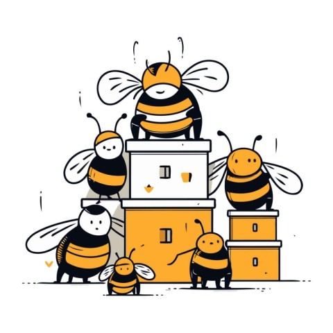 Bees and castle. Vector illustration in doodle style.