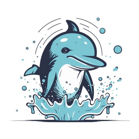 Cute cartoon dolphin jumping out of the water. Vector illustrati