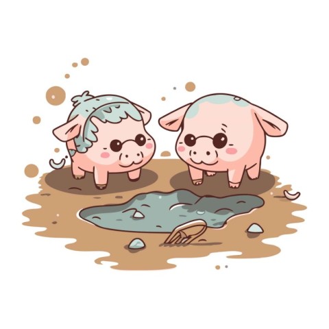 Cute pig and girl in the mud. Cartoon vector illustration.