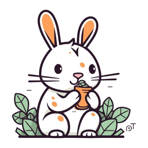 Cute cartoon bunny with a cup of tea. Vector illustration.