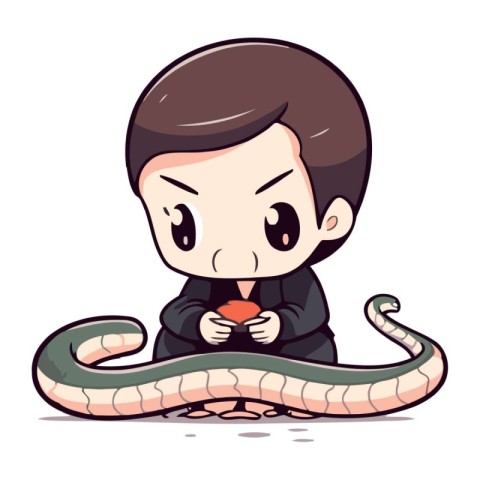 Cute little boy holding a big snake. Vector cartoon illustration