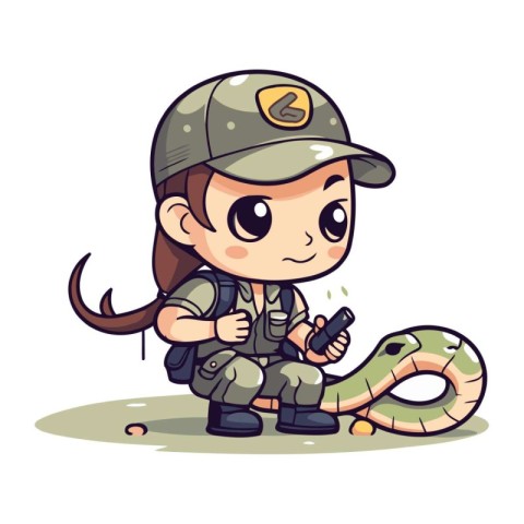 Little girl in a military uniform with a snake. Vector illustrat