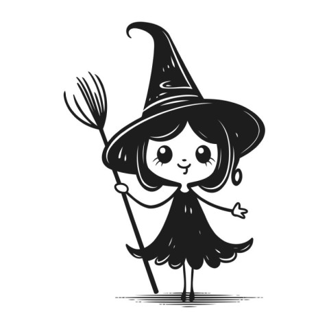 Cute little witch holding a broomstick. Vector illustration isol