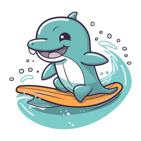 Cartoon dolphin on surfboard. Vector illustration of a cute cart