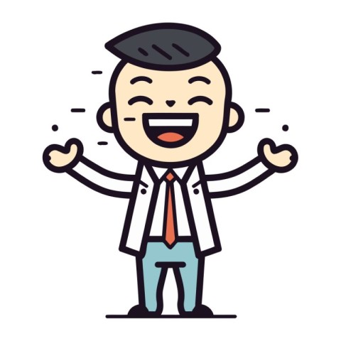 Happy businessman with hands up. Vector illustration in thin lin