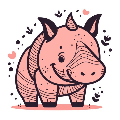 Cute cartoon rhinoceros with hearts. Vector illustration.