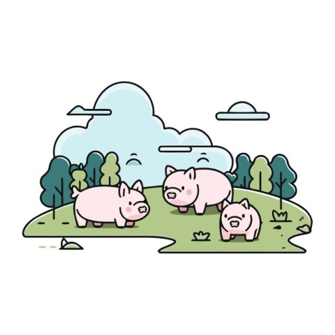 Vector illustration of cute pigs in the meadow. Flat style.