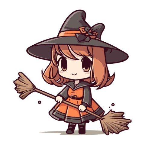 Cute little girl dressed as a witch with broom. Vector illustrat