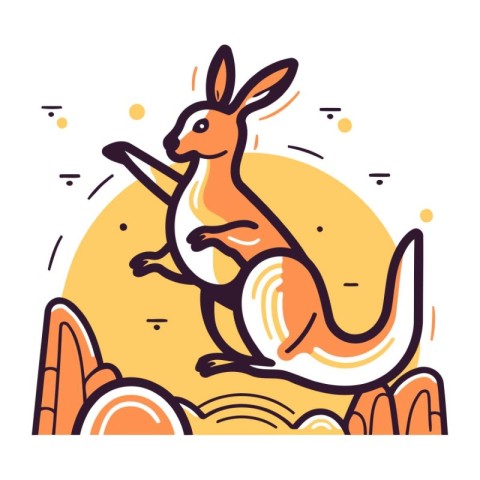 Kangaroo jumping on the rock. Vector line art illustration.