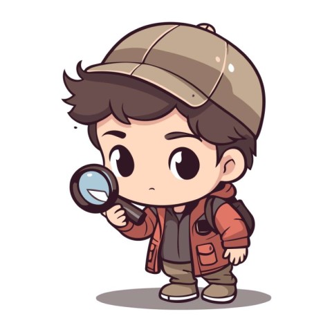 Explorer boy with magnifying glass cartoon character vector illu