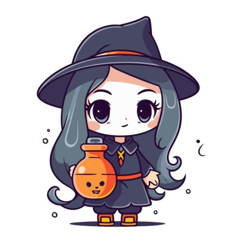 Cute cartoon witch girl with a lantern. Halloween vector illustr