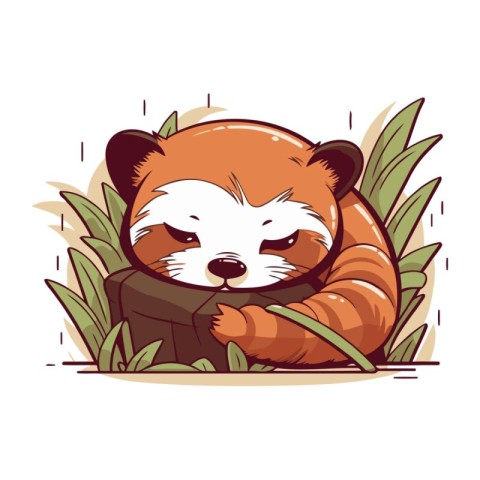 Vector illustration of cute red panda sleeping in a tree trunk.