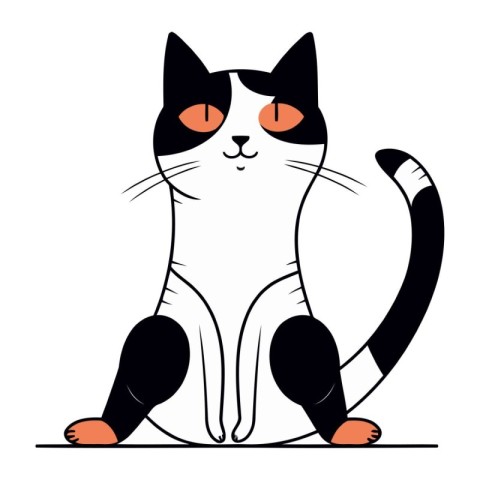 Black and white cat sitting on a white background. Vector illust