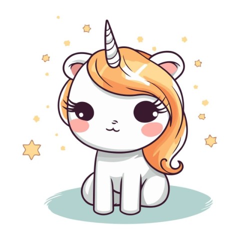 Cute cartoon unicorn with long hair and stars. Vector illustrati