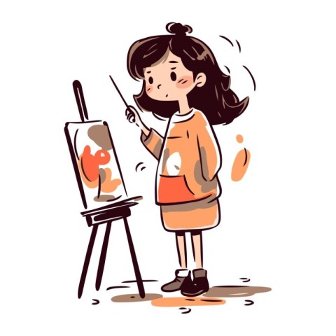 Little girl painting on easel. Vector illustration in cartoon st