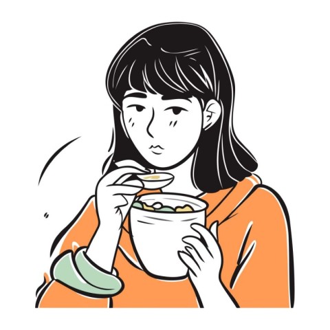 Illustration of a woman eating a bowl of cereals. Vector illustr