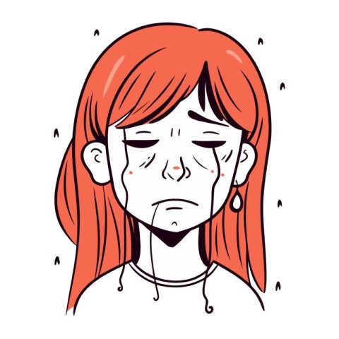 Illustration of a girl with red hair crying. Vector illustration