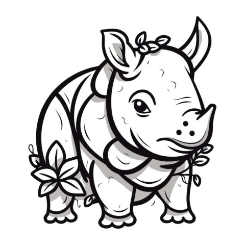 Rhinoceros with a bouquet of leaves. Vector illustration.