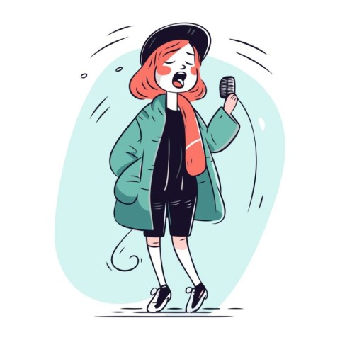 Vector illustration of a girl singing into a microphone in the r