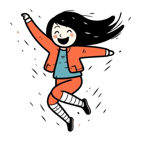 Happy girl jumping in the rain. Vector illustration of a happy c