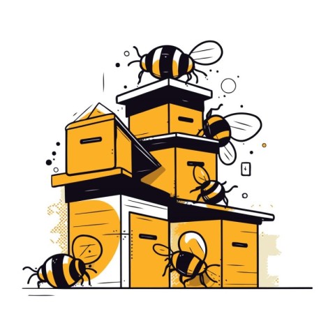 Honey bee in the apiary. Beekeeping concept. Vector illustration