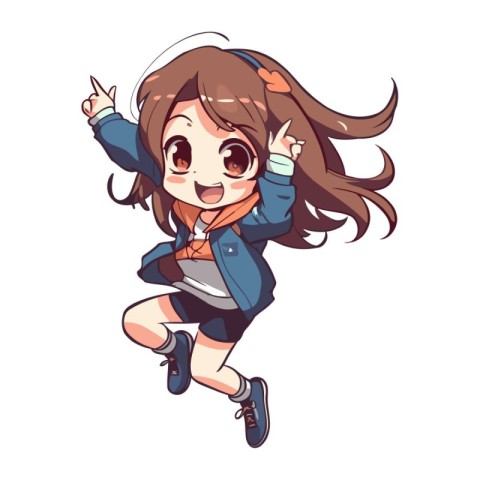 Cute little girl with long hair jumping. Vector cartoon illustra