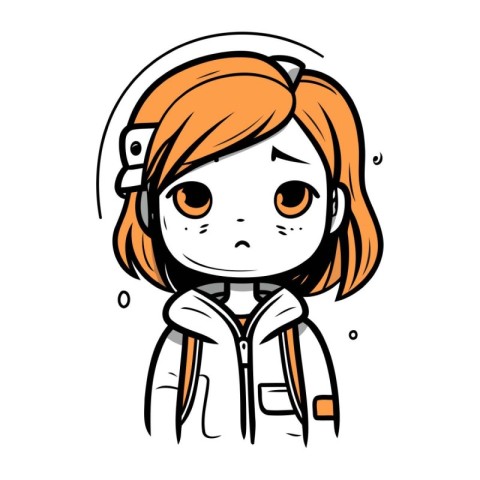 Cute cartoon girl in winter clothes with headphones. Vector illu