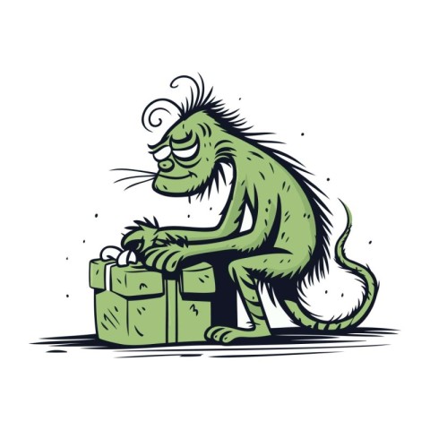 Vector illustration of a funny monkey with a suitcase on a white