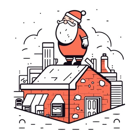 Santa Claus on the roof of the house. Vector illustration in lin