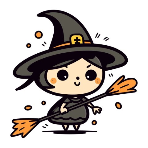 Cute little witch with a broom and hat. Vector illustration.