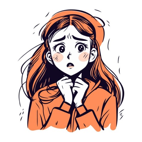 Vector illustration of a girl in a red coat with a sad expressio