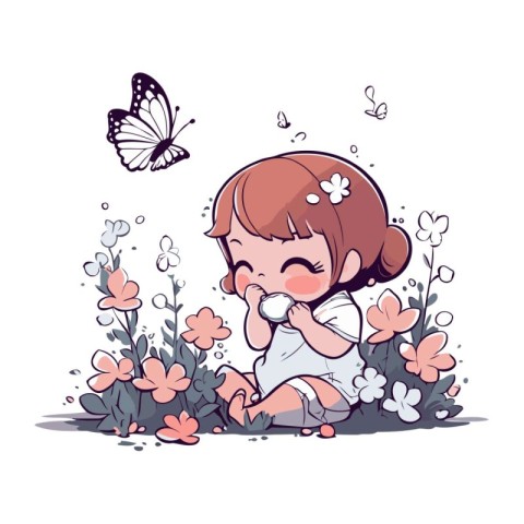 Cute little girl playing with flowers and butterflies. Vector il