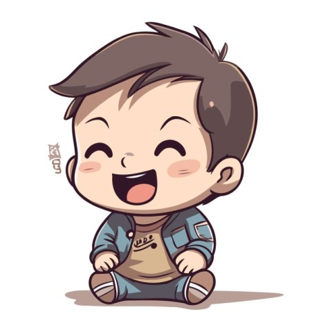 Cute little boy sitting on the floor and laughing. Vector illust