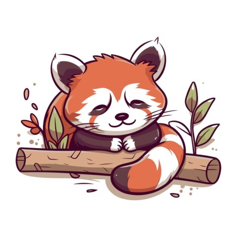 Cute little red panda sleeping on a log. Vector illustration.