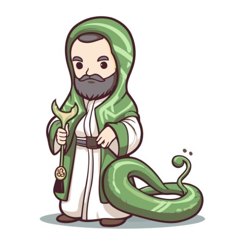 Jesus with snake cartoon character isolated on white background.