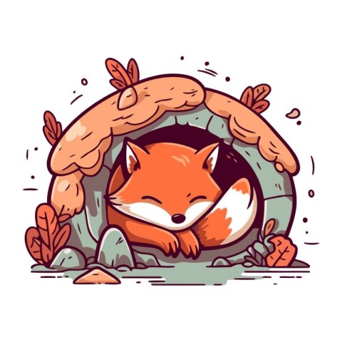 Cute fox in a hole. Vector illustration in cartoon style.