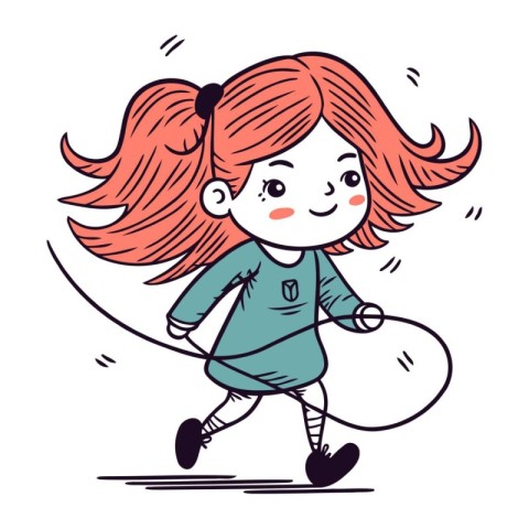 Funny little girl running with a skipping rope. Vector illustrat